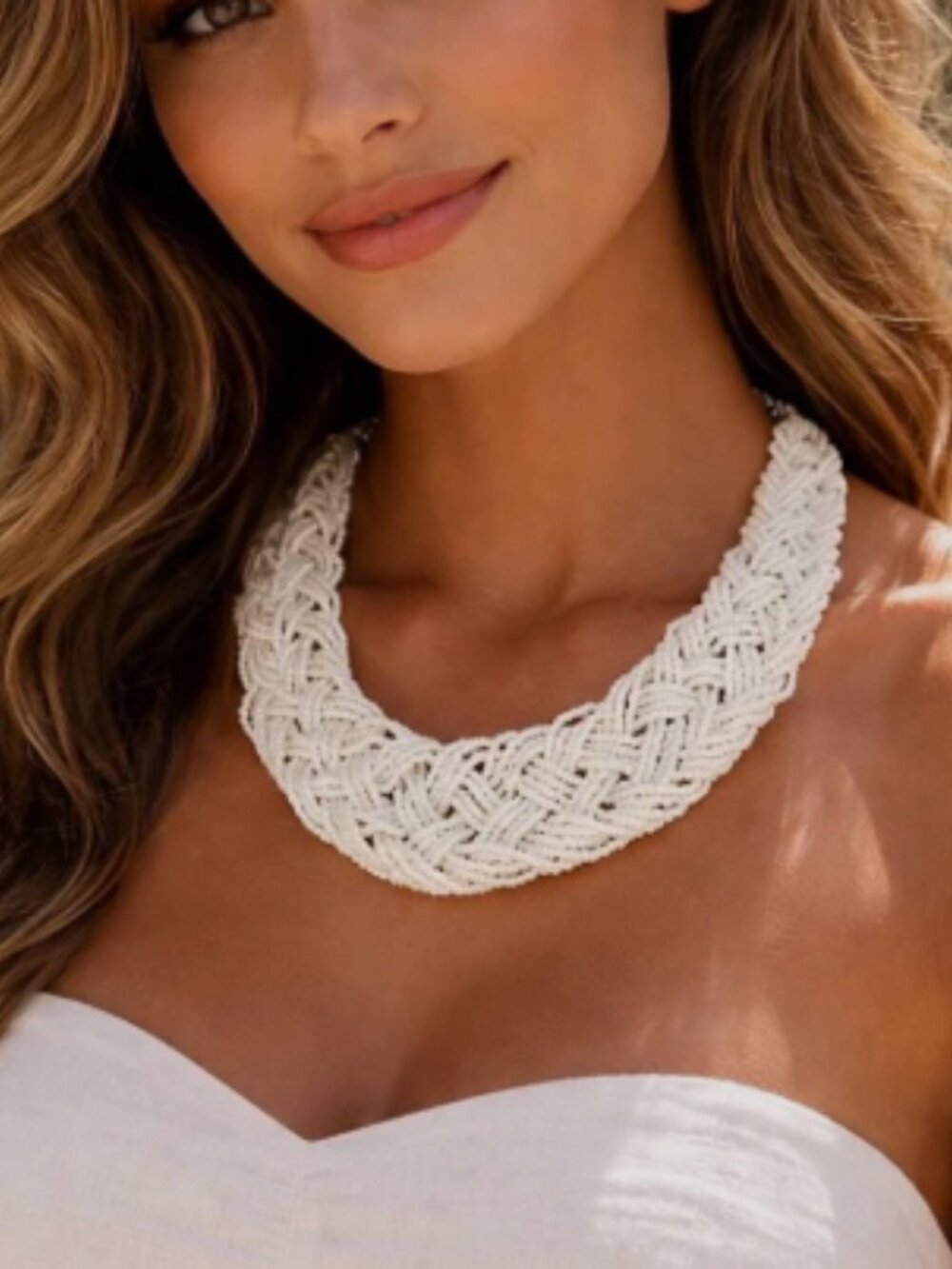 Vintage Woven Sparkly White/Ivory Beaded Statement Collar Necklace